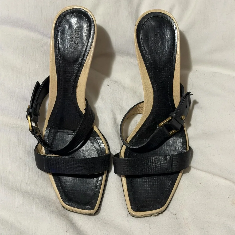 Gucci Black Leather Square-Toe Slide Heels with Ankle Strap
